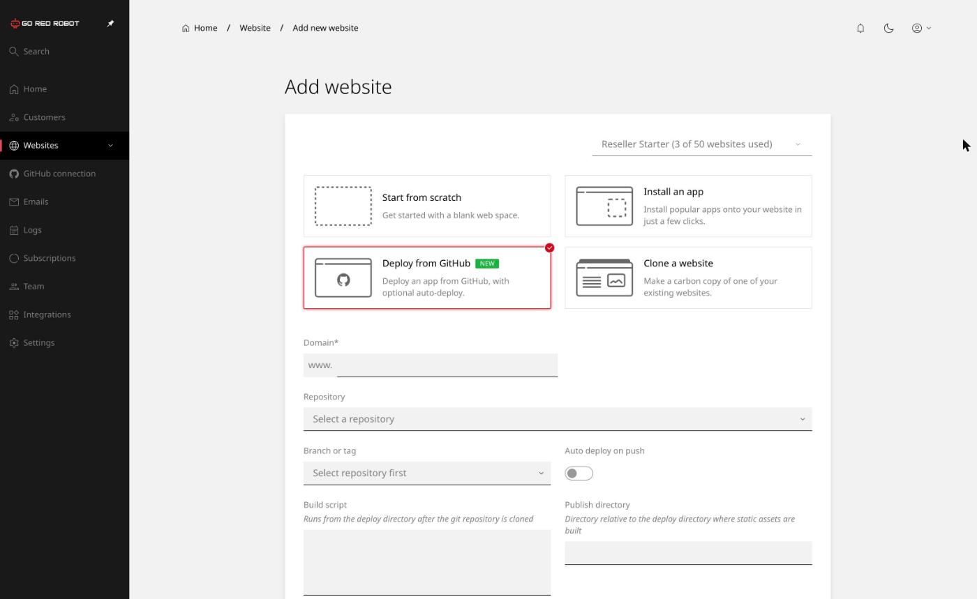The Add website screen with Deploy from GitHub selected, showing domain, repository, branch, auto deploy, build script and publish directory fields.
