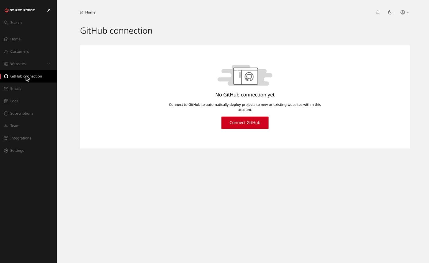 The GitHub connection page in the control panel, with the Connect GitHub button.