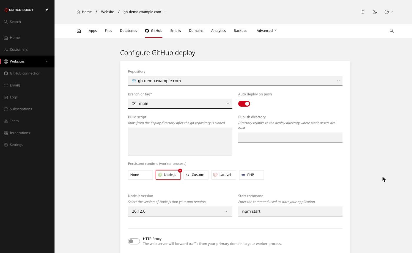 The Configure GitHub deploy screen, with repository, branch, auto deploy on push, build script, publish directory and worker process options.