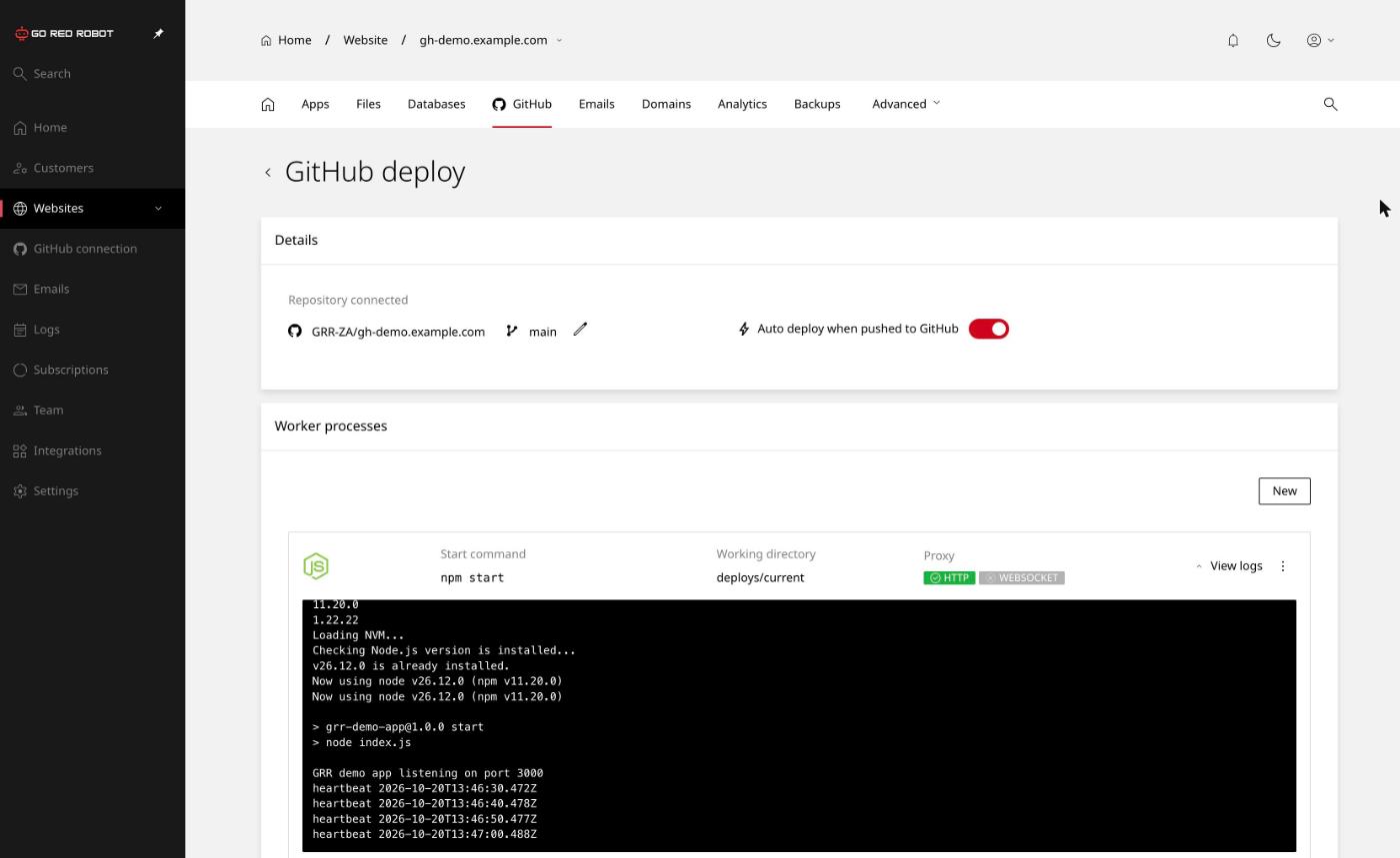A running Node.js worker process with its log open, showing the app started and listening on its port.