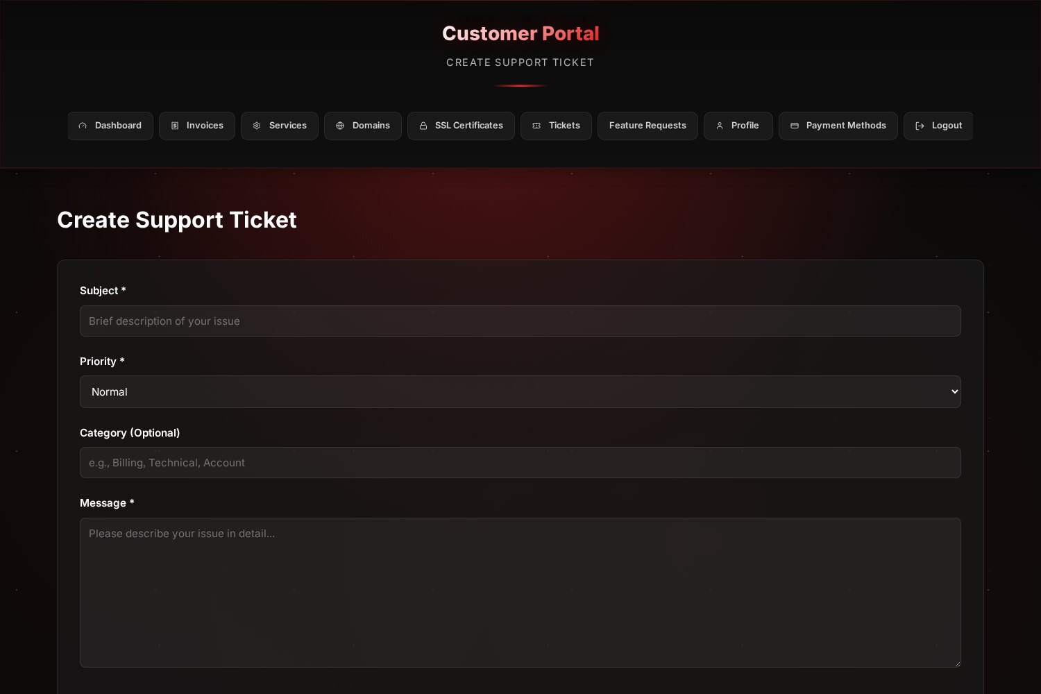 The Create Support Ticket form with fields for subject, priority, category and message.