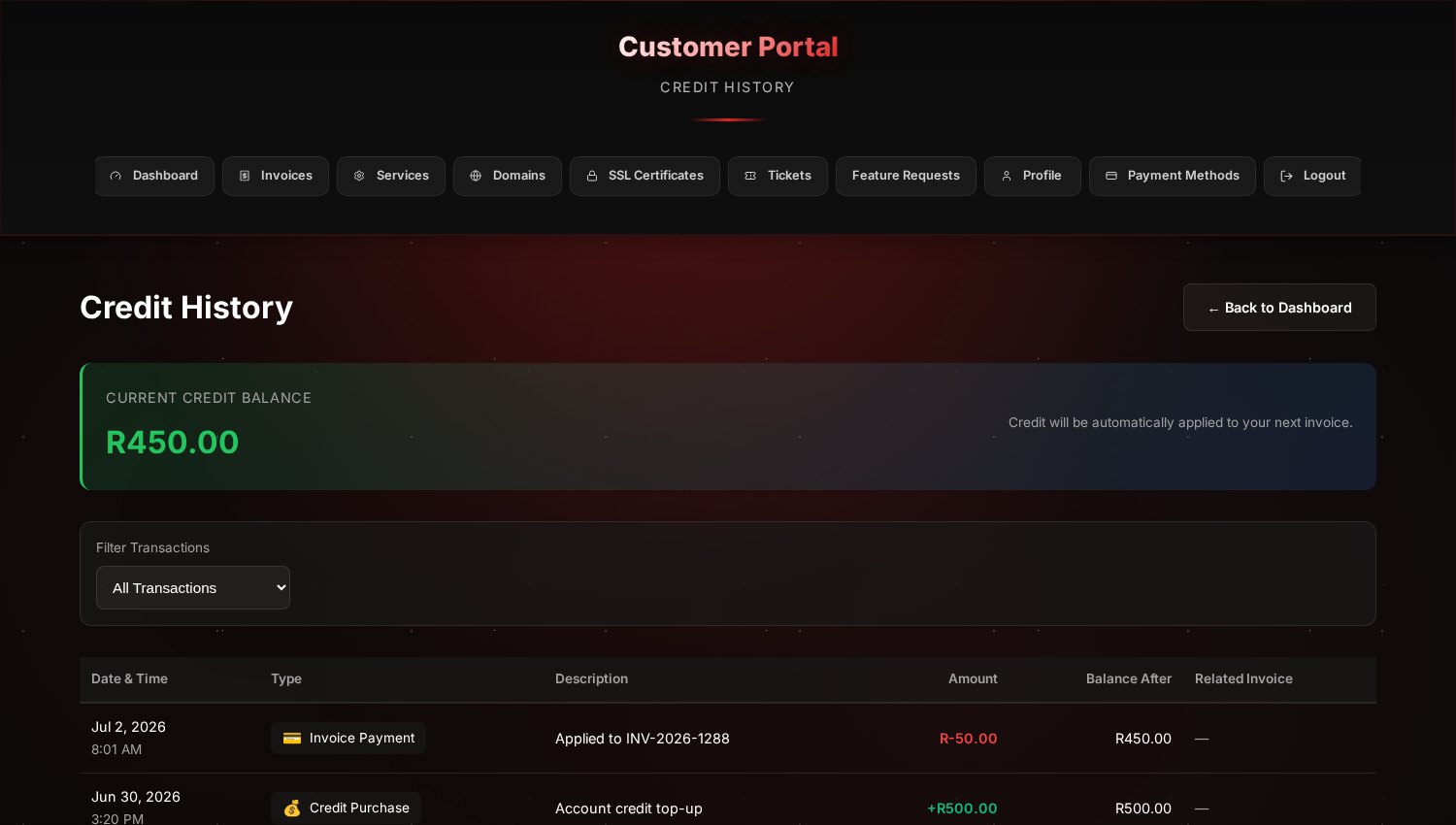 The Credit History page listing each credit purchase and each invoice payment with the balance after every transaction.