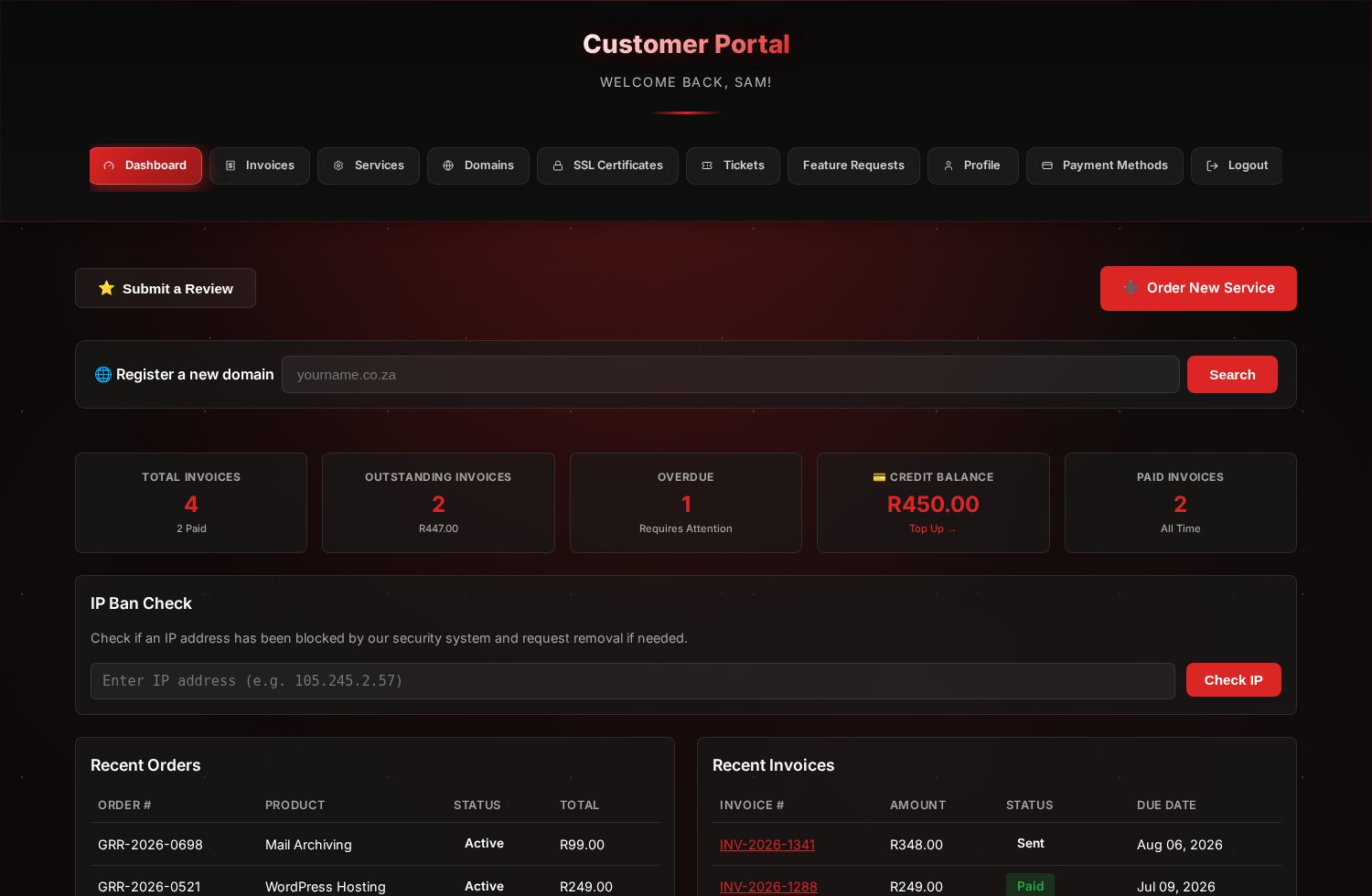 The customer portal dashboard, showing invoice totals, credit balance, recent orders and recent invoices.