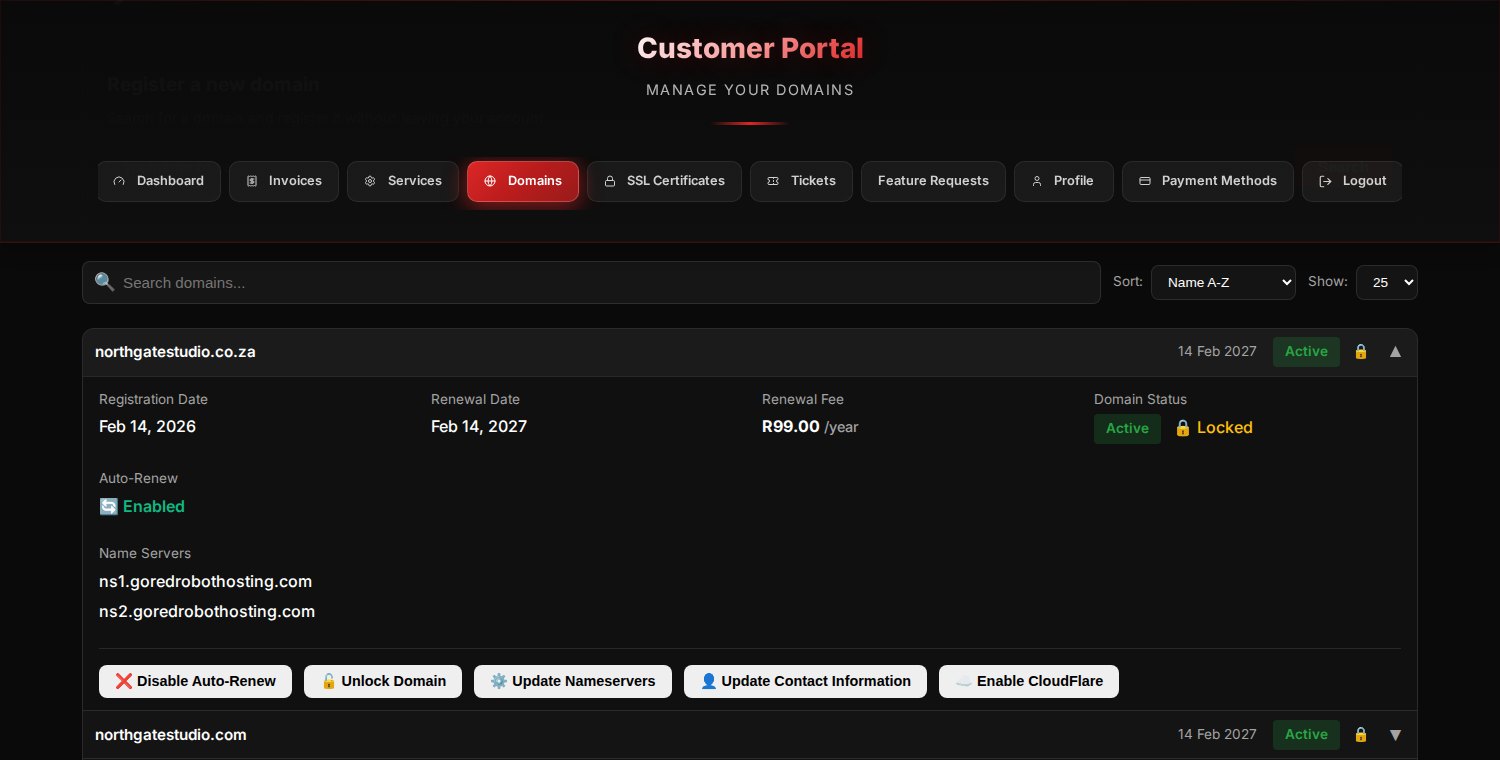 An expanded domain row showing registration and renewal dates, renewal fee, lock status, auto-renew, nameservers, and the action buttons including Update Nameservers.