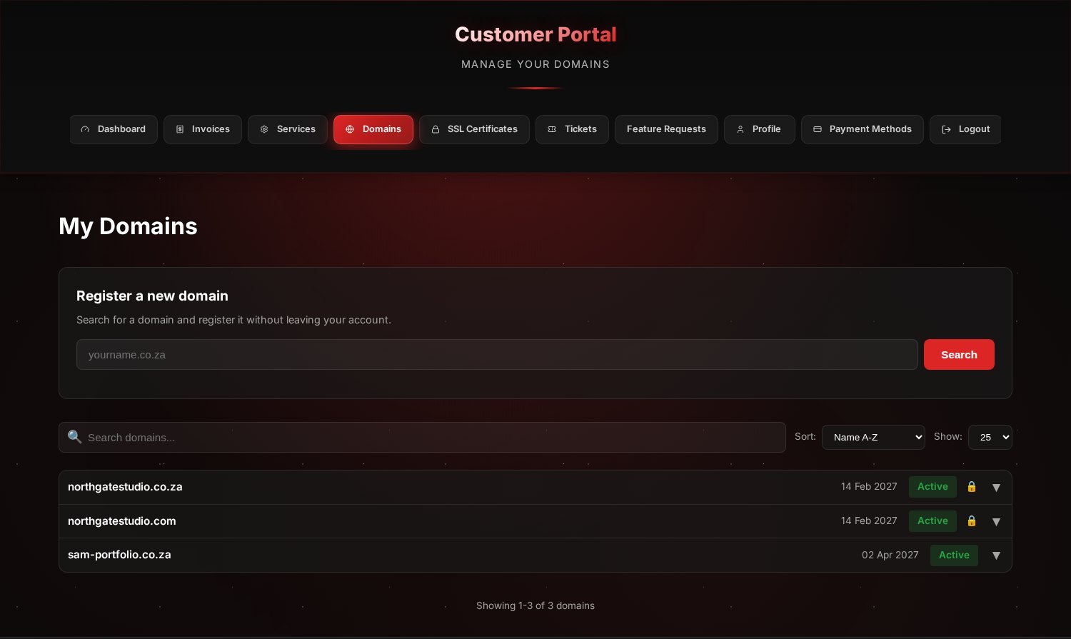 The My Domains page listing each domain with its expiry date, status badge and lock icon.