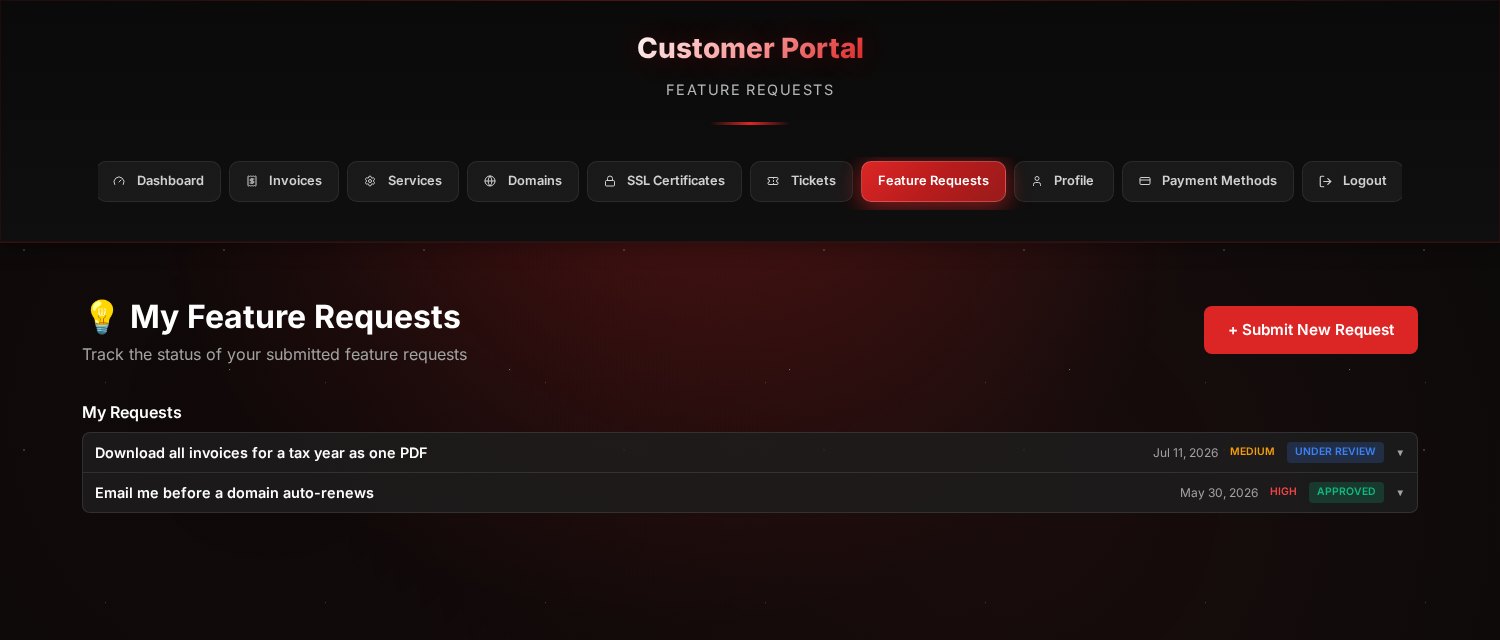 The My Feature Requests page showing submitted requests with Under Review and Approved badges.