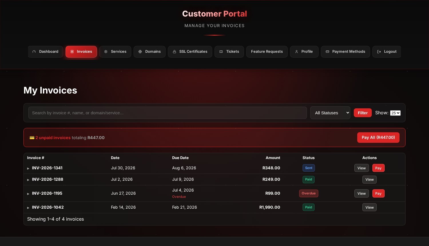 The My Invoices page showing invoices with Sent, Paid and Overdue badges, a Pay All banner, and View and Pay buttons.