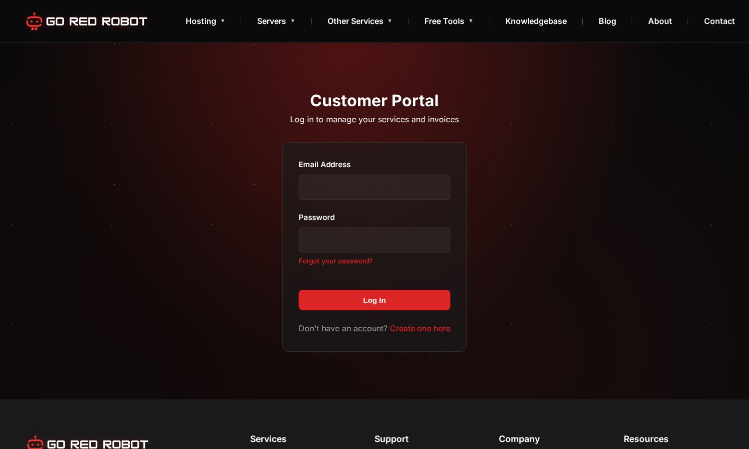 The Go Red Robot customer portal login page, asking for email address and password.
