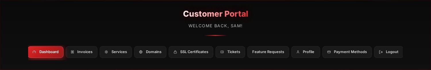 The customer portal navigation bar: Dashboard, Invoices, Services, Domains, SSL Certificates, Tickets, Feature Requests, Profile, Payment Methods and Logout.