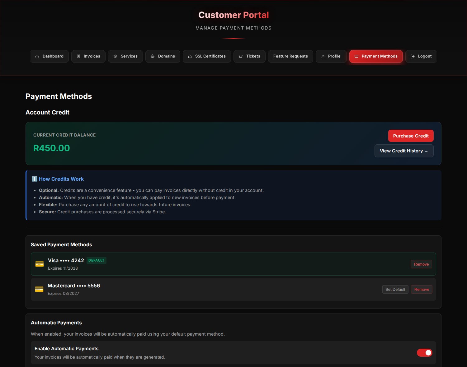 The Payment Methods page showing the credit balance, two saved cards with one marked Default, and the automatic payments toggle.