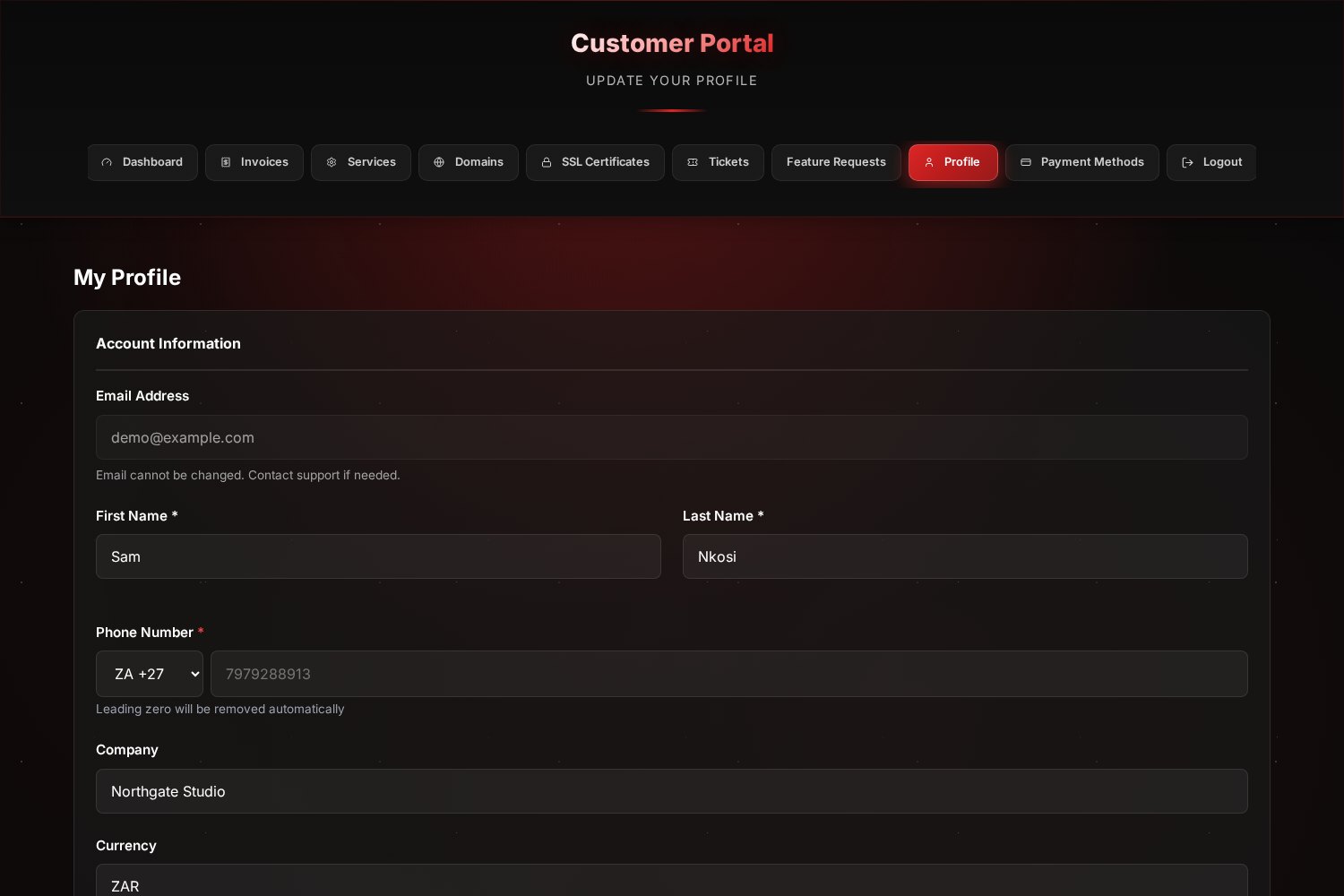 The My Profile page showing account information fields including name, phone number, company and currency.