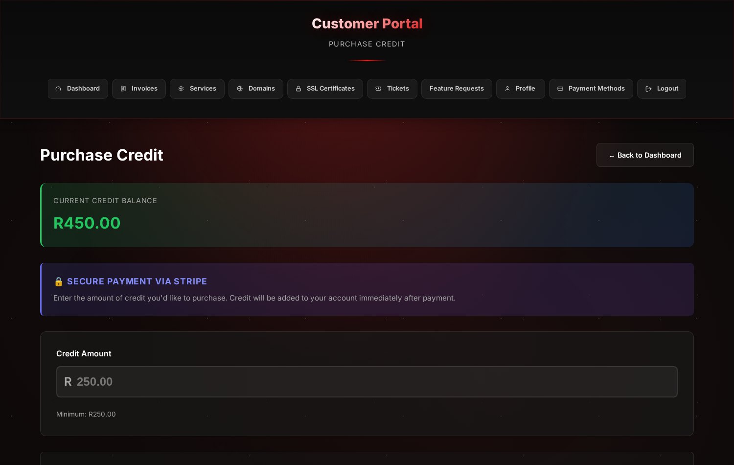 The Purchase Credit page showing the current balance and the amount field with its minimum stated underneath.