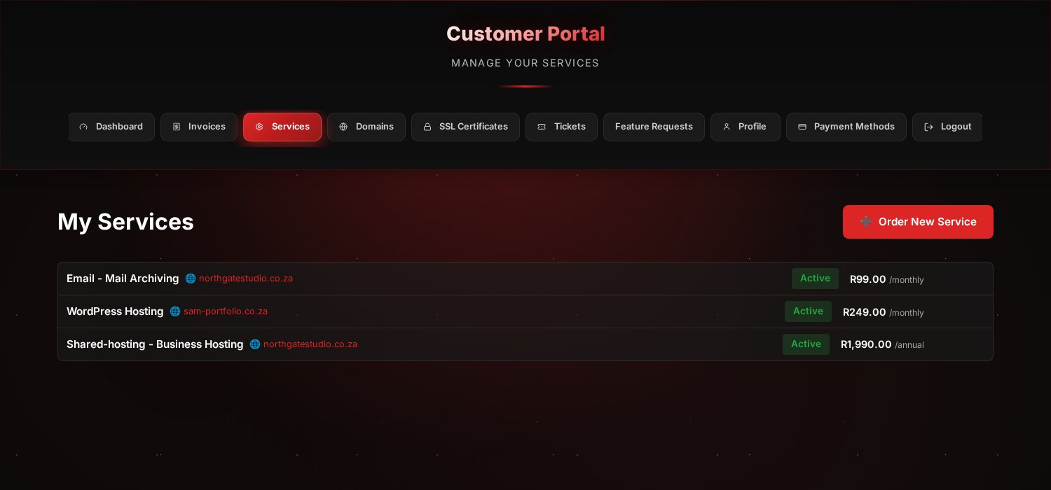 The My Services page listing each hosting service with its domain, an Active badge and the recurring price.