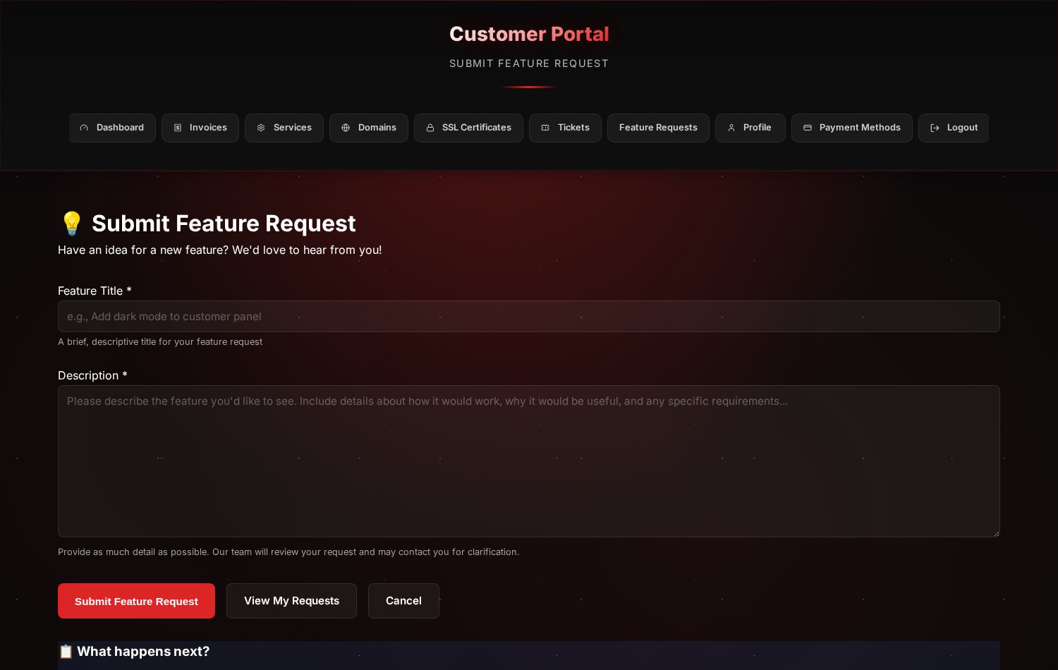 The Submit Feature Request form with a title field and a longer description field.