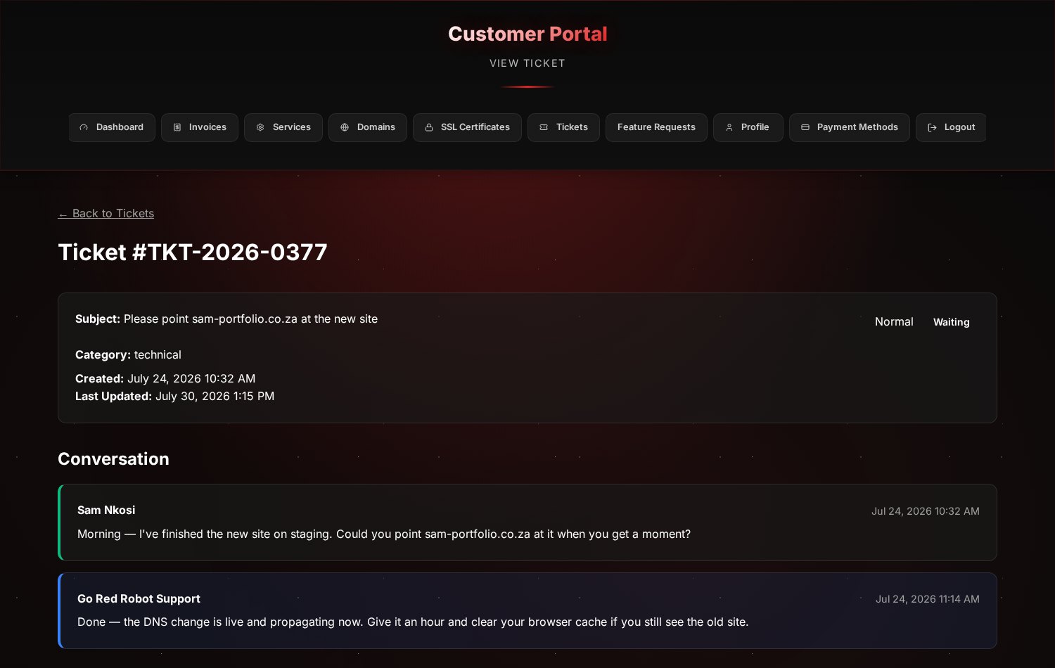 An open ticket showing its details and the full conversation between the customer and support.